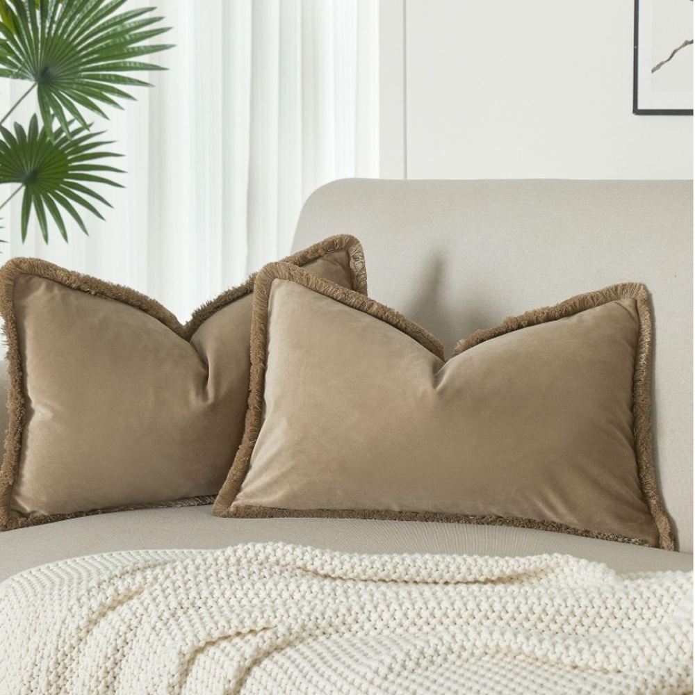 Tan VELVET Fringed Throw Lumbar Couch Bed Pillow Covers (2-Pack)